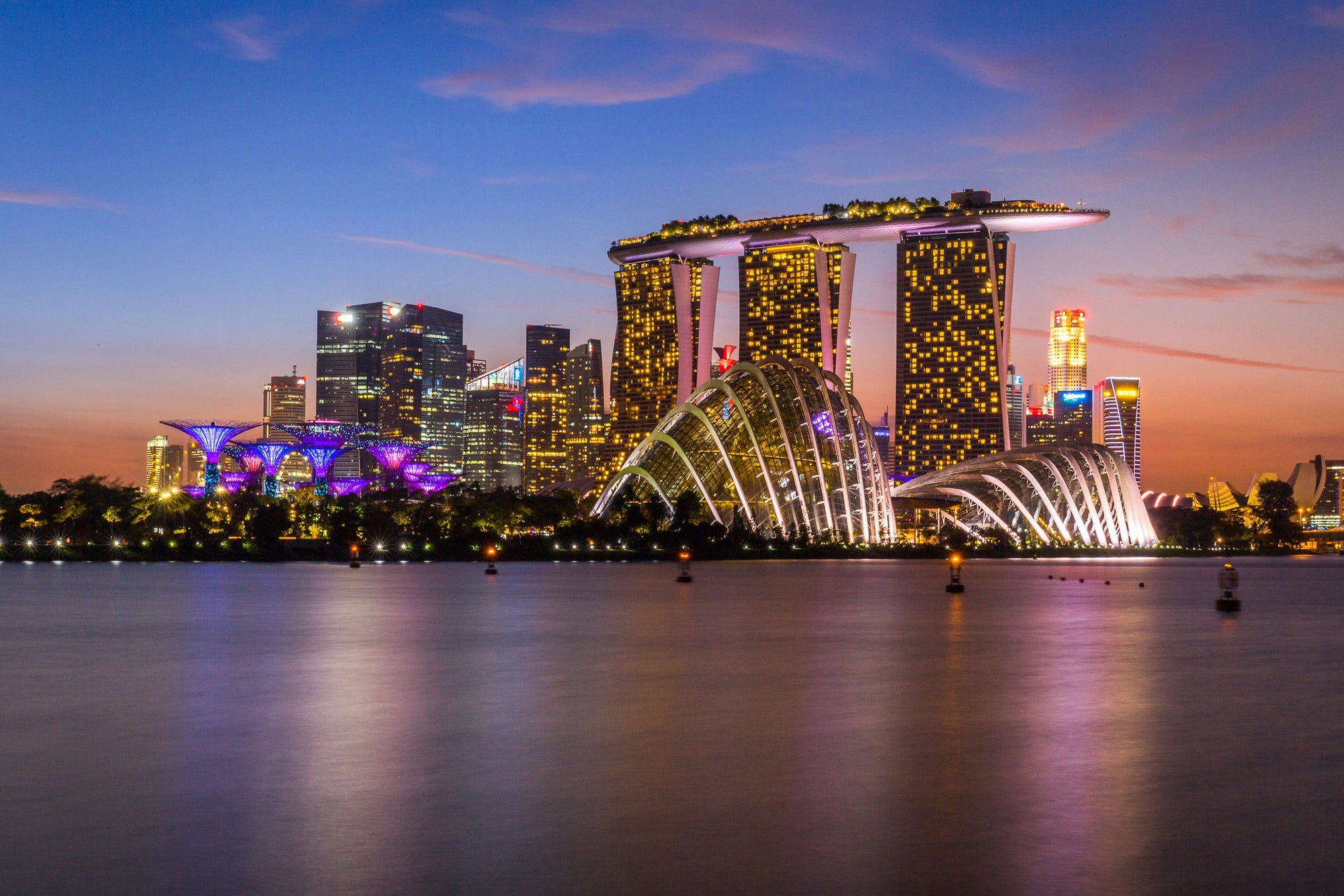 Marina Bay skyline and Gardens by the Bay at dusk